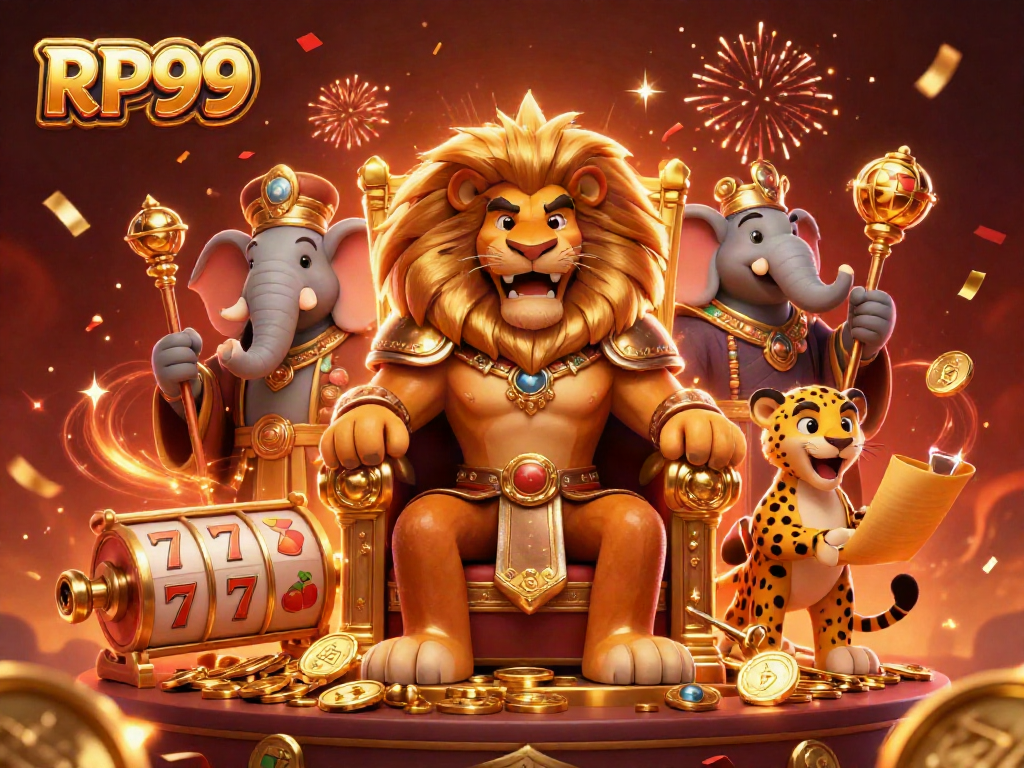 Experience the excitement of RP99 with a royal casino scene featuring a lion king, an elephant advisor, and a cheetah messenger among dynamic game elements.