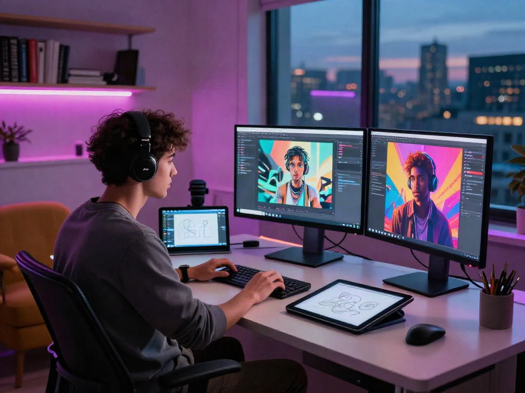 Creating diverse art using a porn ai generator in a modern studio with vibrant monitors.