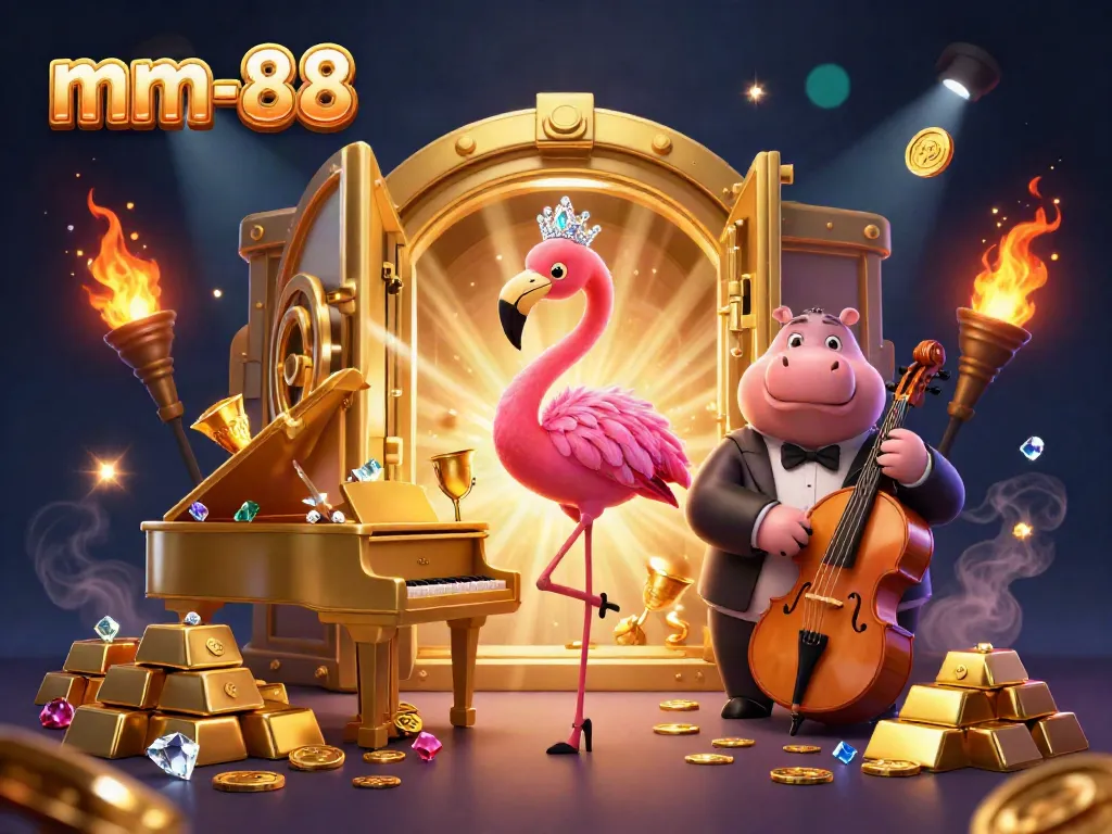 Experience the allure of mm-88 with a lively casino scene featuring a singing flamingo and hippo bassist surrounded by treasure.