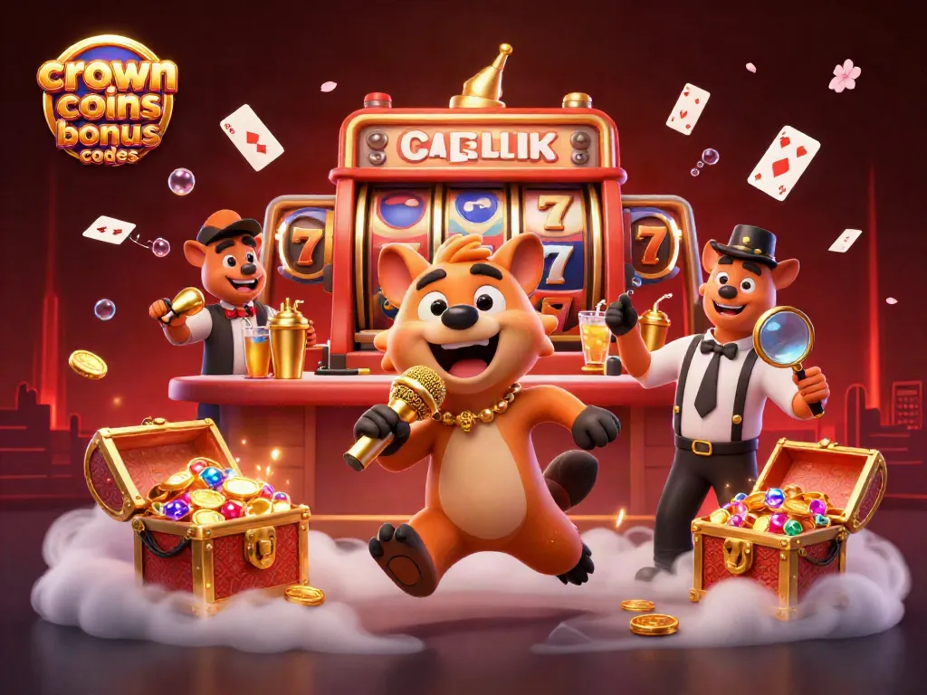 Engage in thrilling fun with crown coins bonus codes at this lively comedy casino scene featuring unique characters.