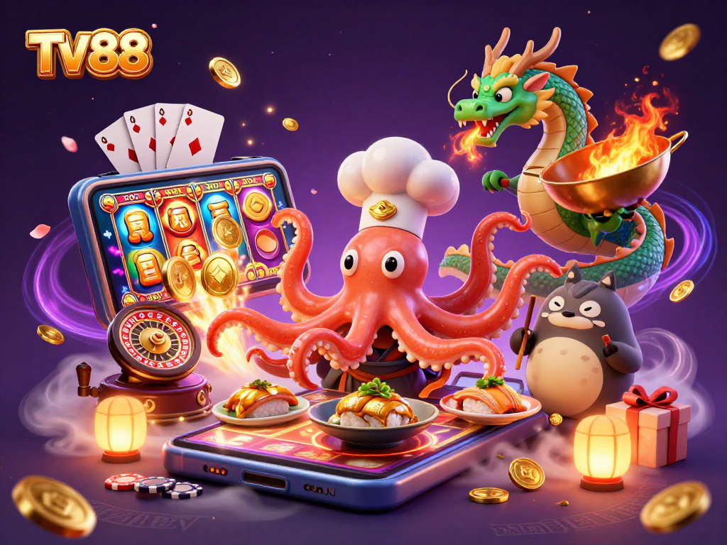 Engage with the exciting games at TV88, featuring vibrant characters in a lively casino setting.