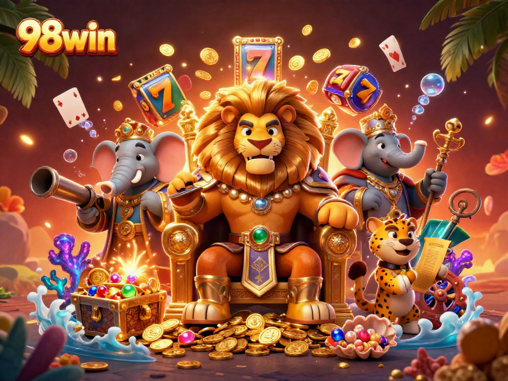 Engage with the vibrant world of 98win, showcasing thrilling slot games and royal characters.
