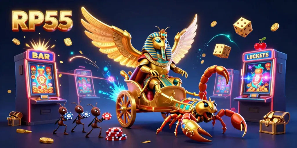 Experience RP55 through vibrant casino-themed illustration filled with jackpots and gameplay elements.