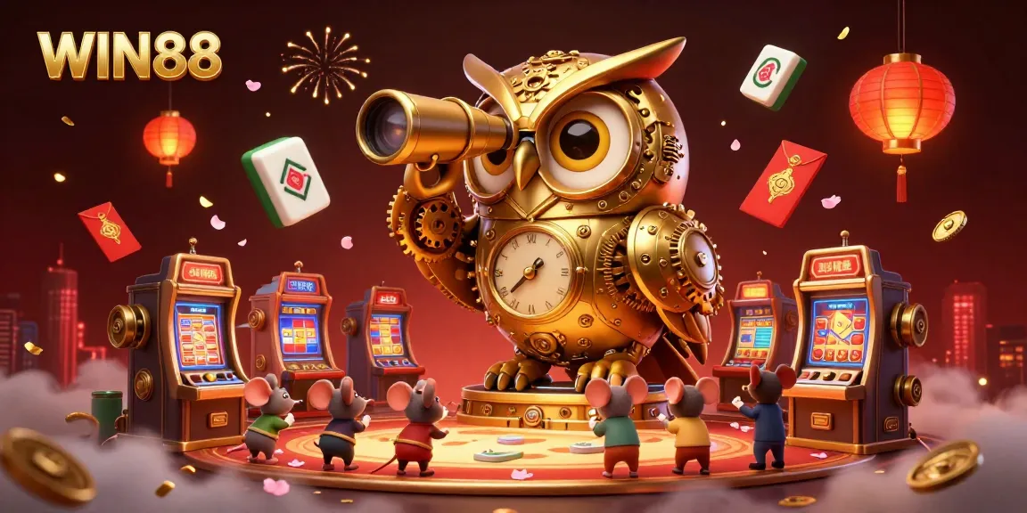 Experience the excitement of WIN88 with a vibrant casino scene featuring a golden owl, slot machines, and festive decorations.