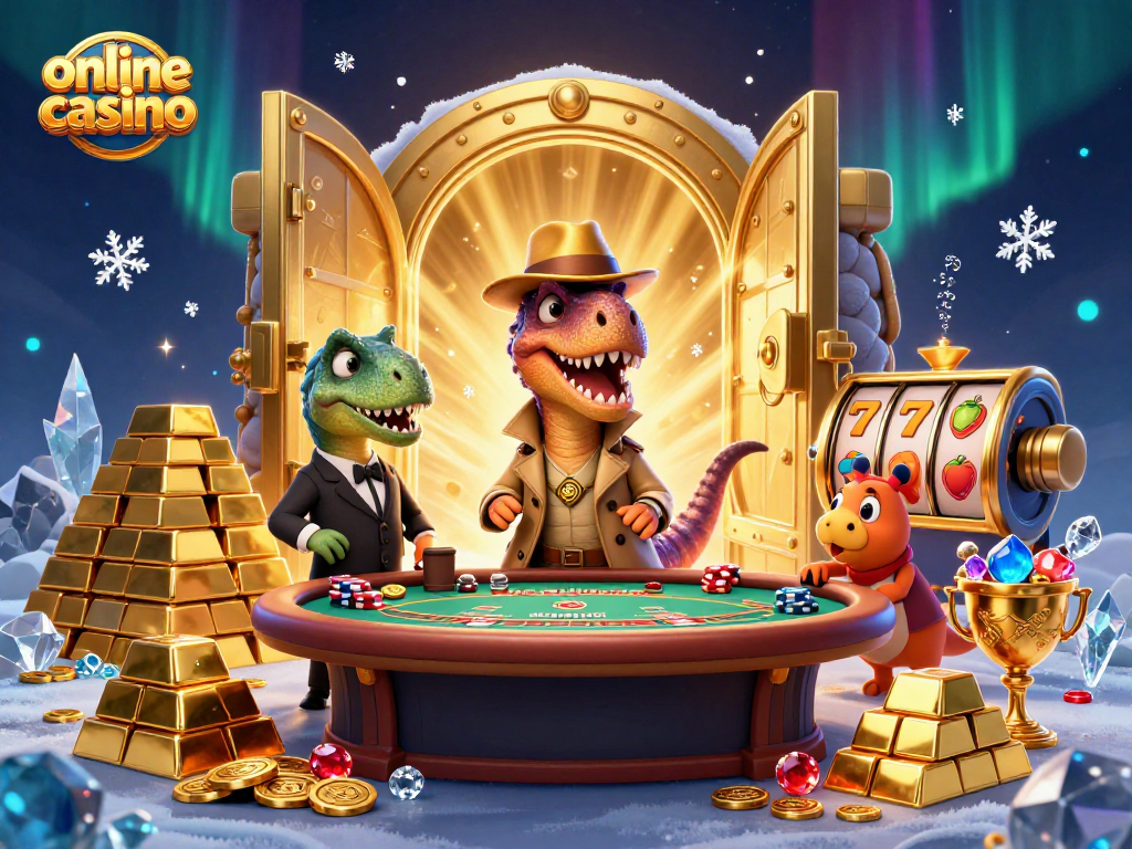 Experience the excitement of an online casino with a cartoon velociraptor at the blackjack table.