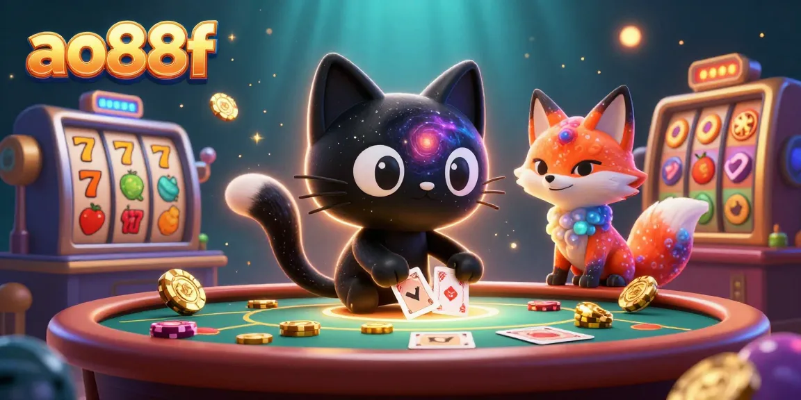 Experience thrilling gameplay at ao88f with a captivating cosmic casino scene featuring a black hole cat and colorful slot reels.