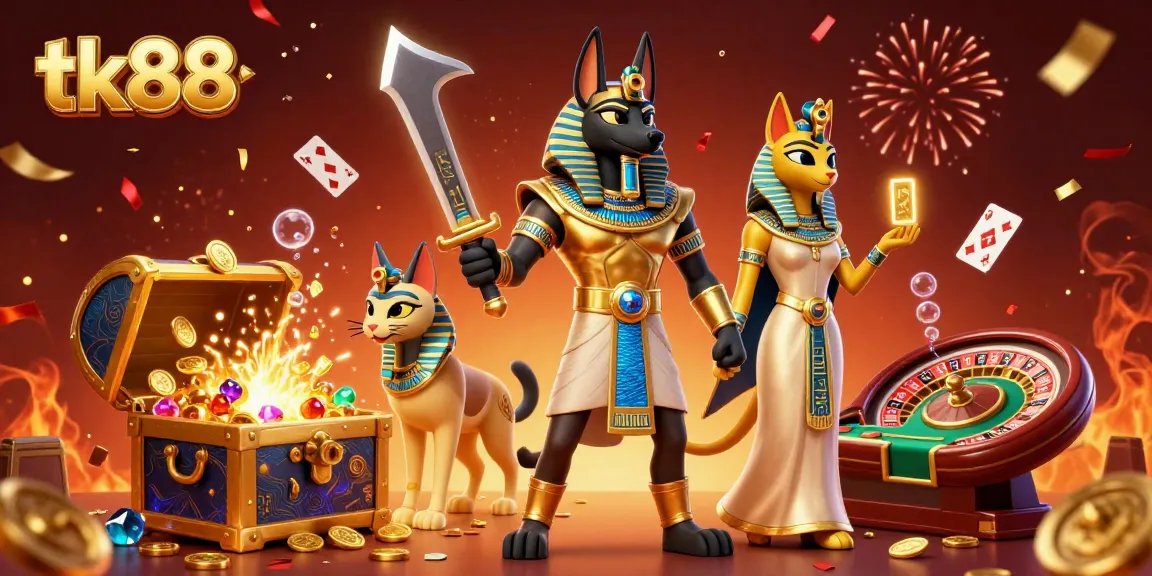 Experience the thrill of tk88 with an Egyptian warrior and treasures celebrating online casino adventures.