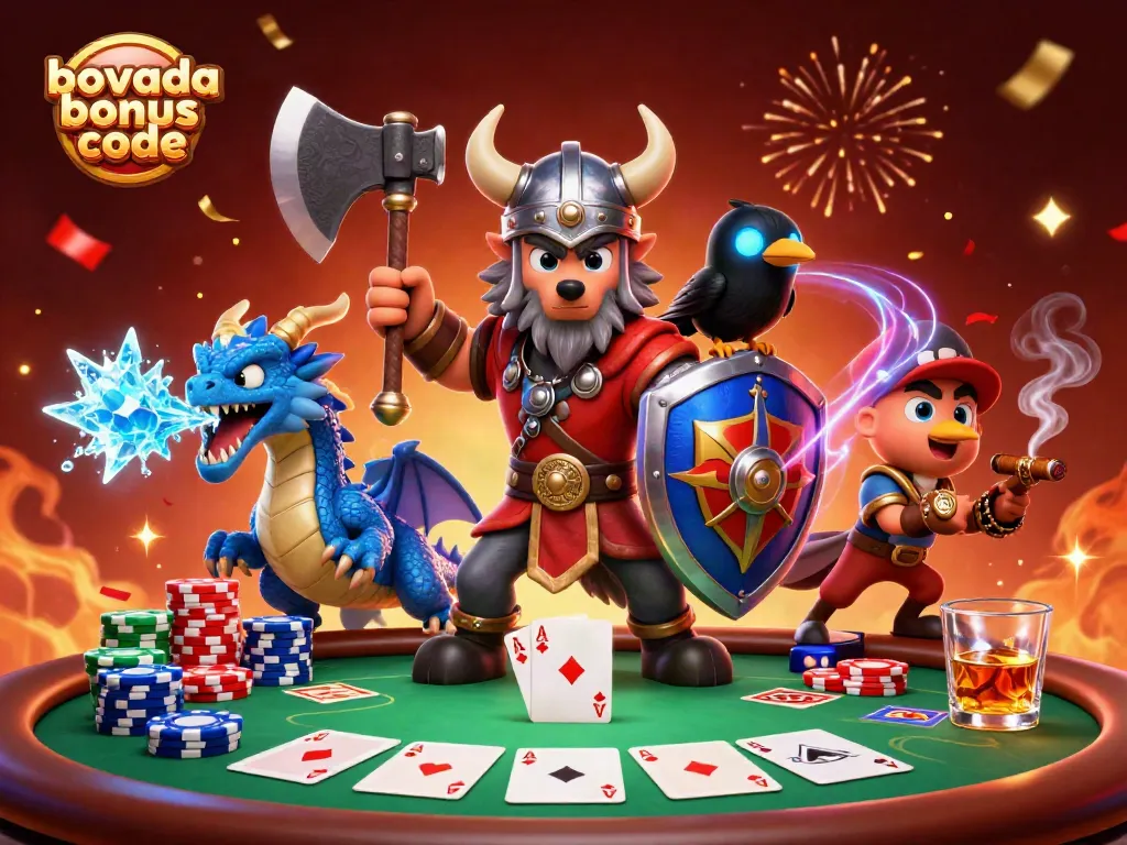 Join the excitement of Bovada bonus code offers with a Viking warrior and dragon at a lively poker table.