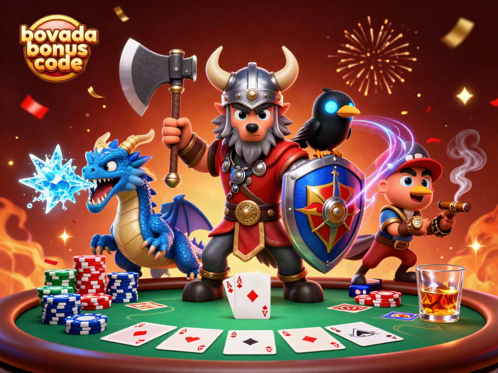 Join the excitement of Bovada bonus code offers with a Viking warrior and dragon at a lively poker table.