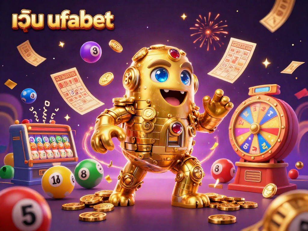 Engage with เว็บ ufabet in a lively casino scene featuring a golden golem and vibrant lottery elements.