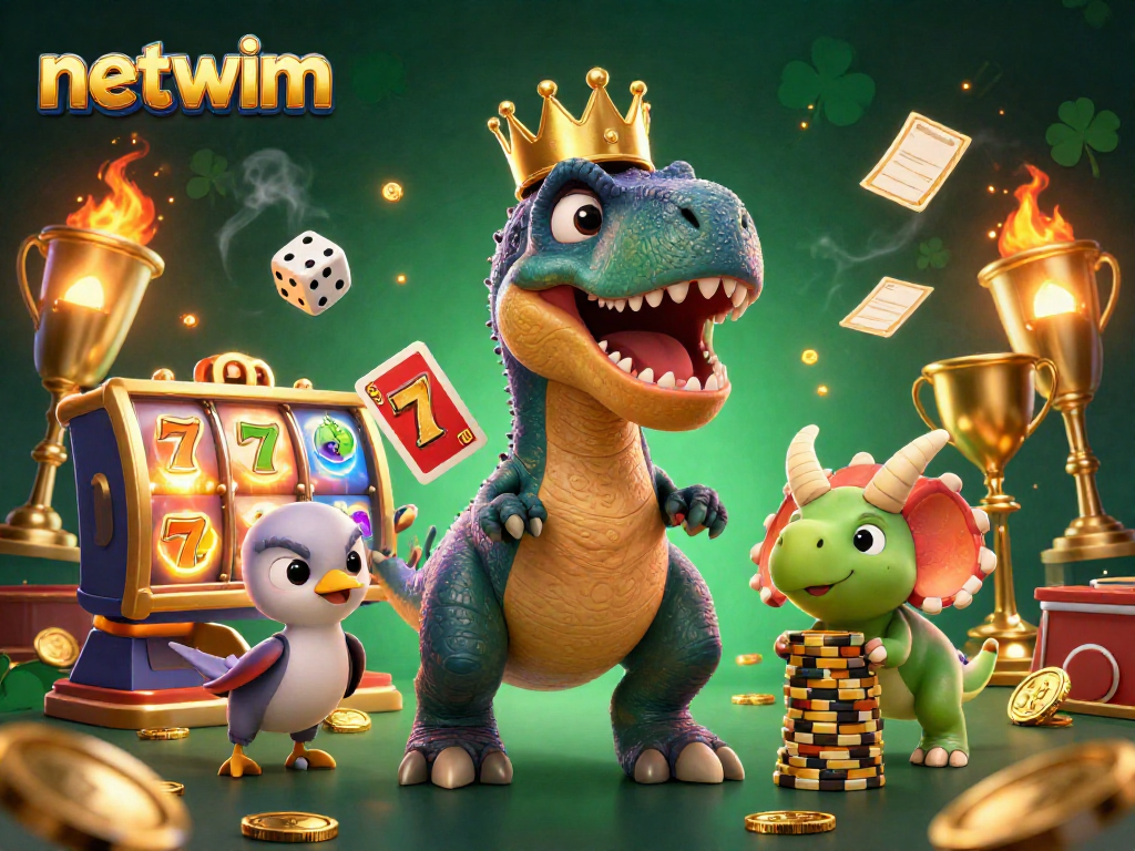 Experience netwim's vibrant casino fun with cartoon dinosaurs playing cards and stacking chips.