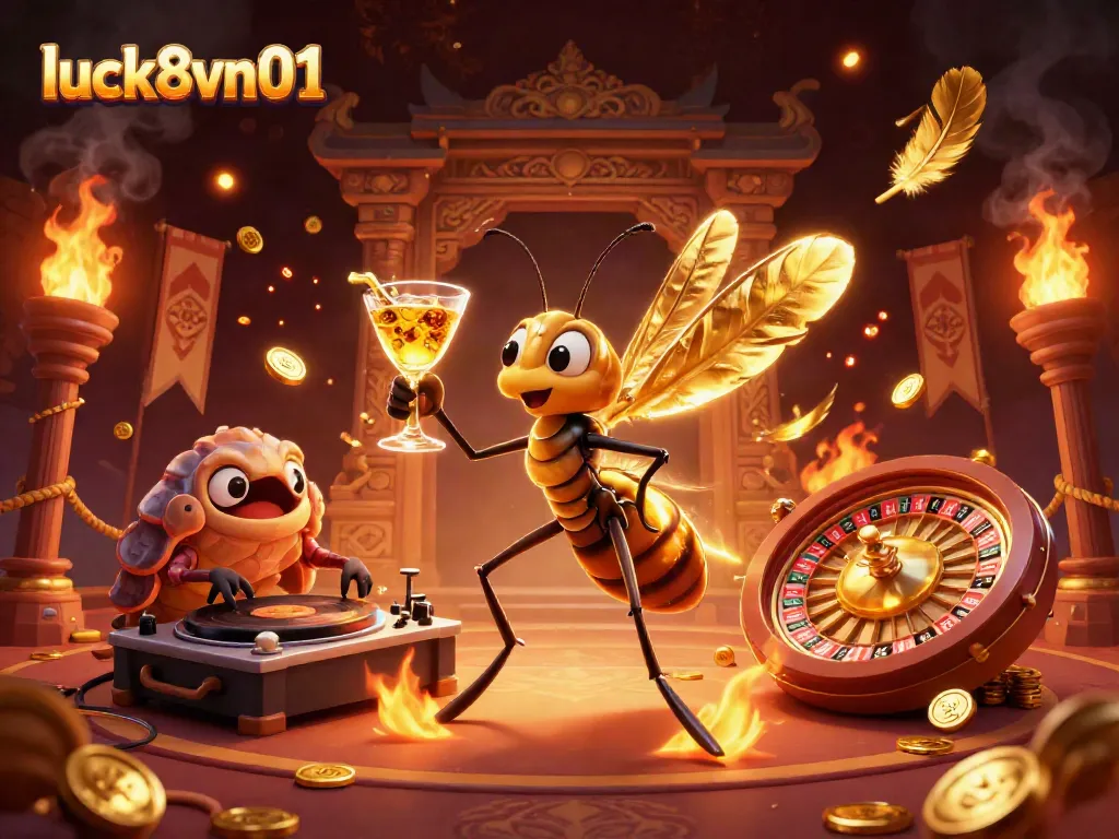 Engaging illustration of luck8vn01's casino mascot amidst dynamic gaming elements, showcasing vibrant gambling action.