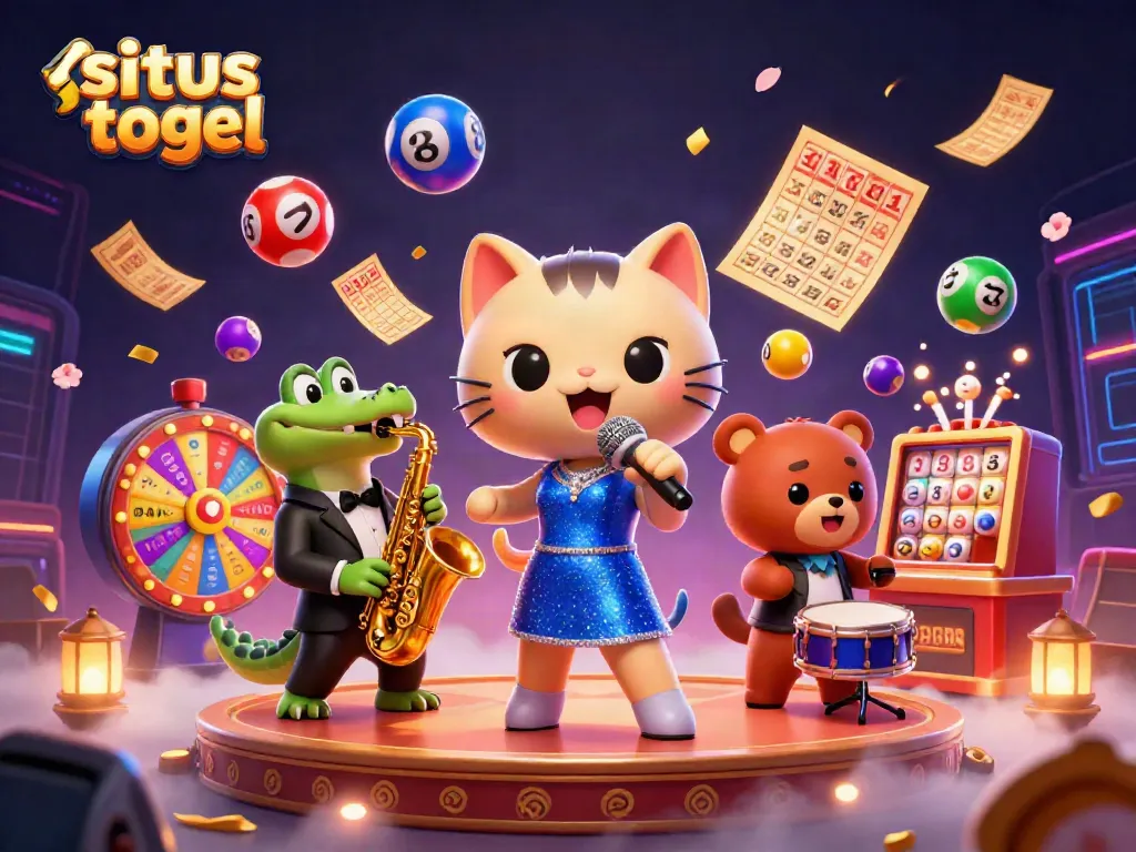 Permainan situs togel menampilkan bola lotere berwarna-warni dan karakter menarik di panggung kasino.