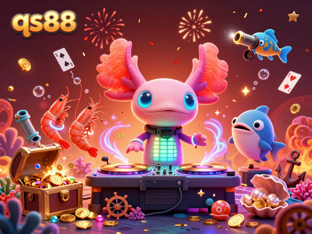 Engage with qs88 as the vibrant axolotl DJ spins underwater, surrounded by treasure and celebrating shrimp.