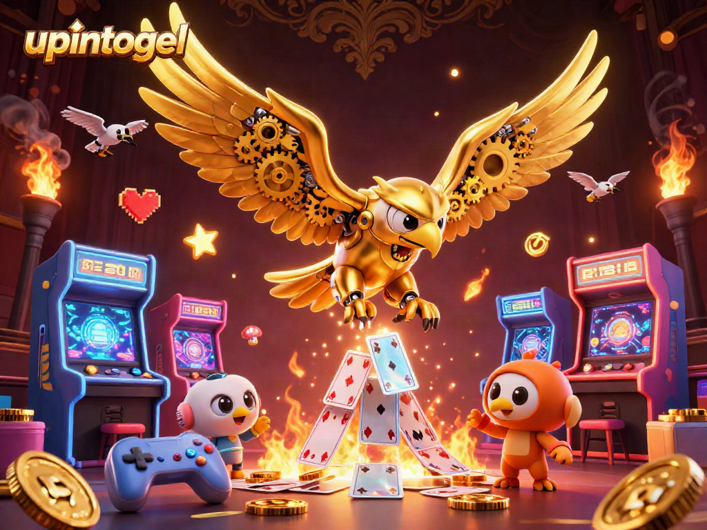 Gambaran dinamis upintogel dengan elang cybernetic melintasi kartu holografik dalam suasana kasino.