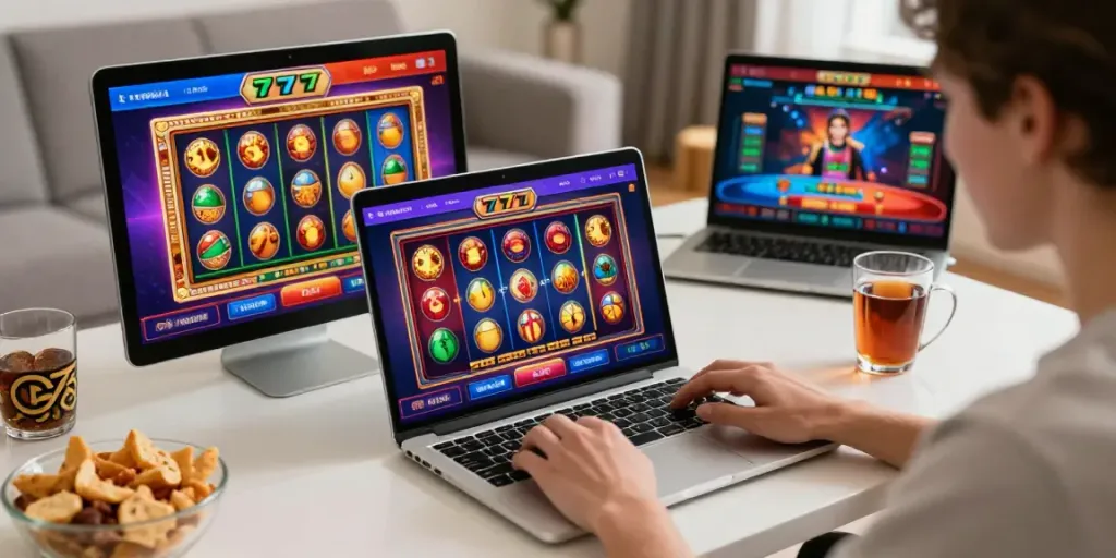 Player enjoying luxury777 online casino games in a stylish living room setting.