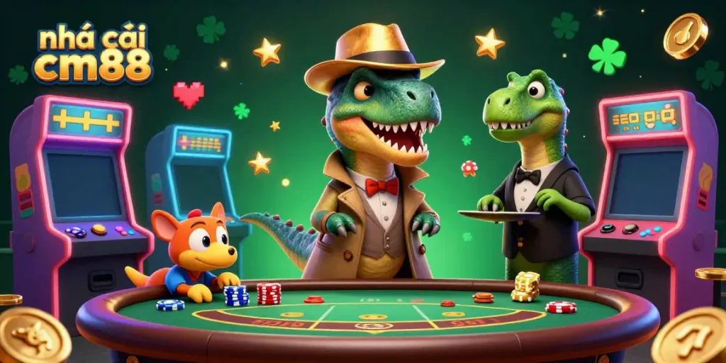 Interactive scene showcasing nhà cái cm88 with a velociraptor card counter at a blackjack table surrounded by gaming elements.