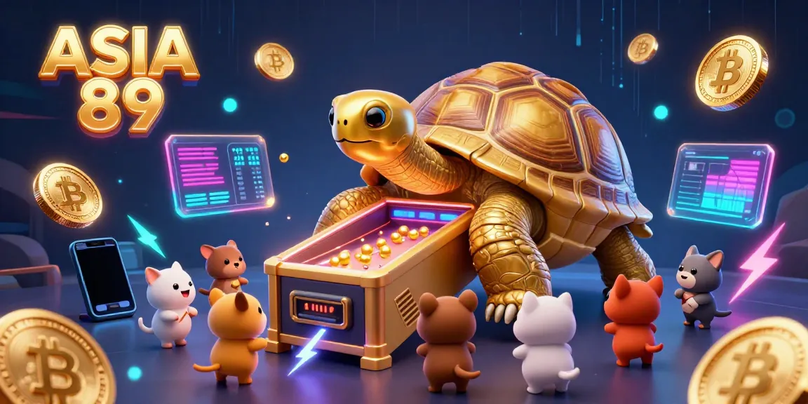 Experience the thrill of ASIA 89 with vibrant golden tortoise, glowing cryptocurrency coins, and exciting casino elements.