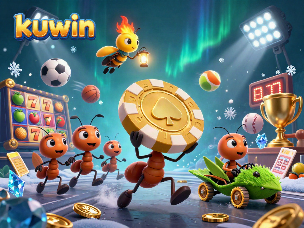 Kuwin illustration displaying ants carrying a giant poker chip in a dynamic casino heist scene