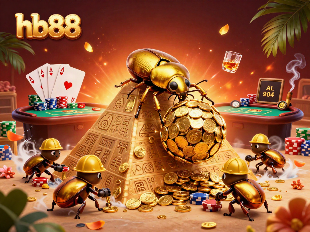 hb88 showcases a dynamic casino scene with cartoon beetles and poker elements highlighting the thrilling gambling experience.