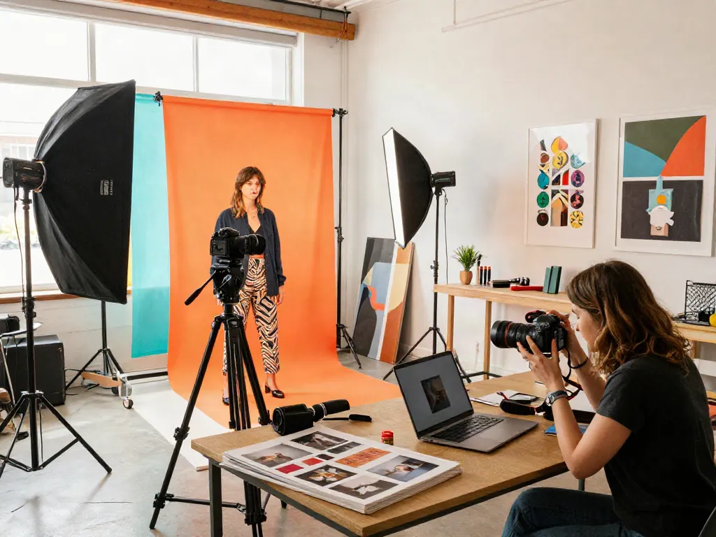 Gambar BIGHOKI88 di studio fotografi kreatif dengan peralatan artistik dan model stylish.
