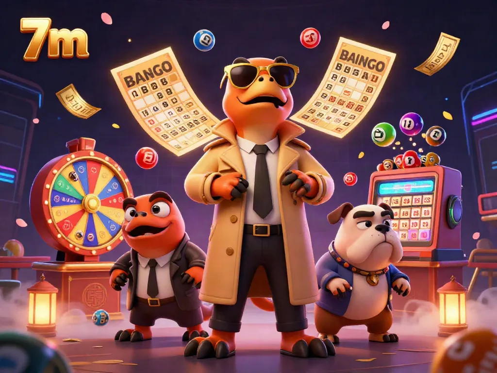 Experience the lively casino scene with raptors disguised as a tall person and a bouncer in this vibrant '7m' illustration.