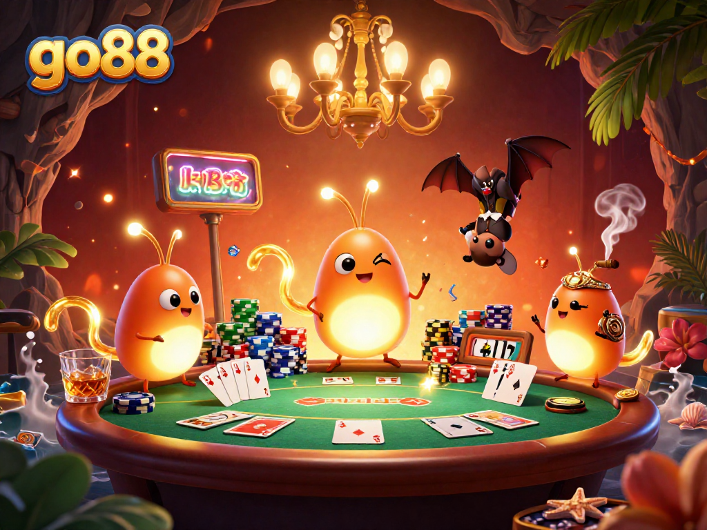 Join the fun at go88 as glowworms light up a vibrant cave casino with glowing game elements.