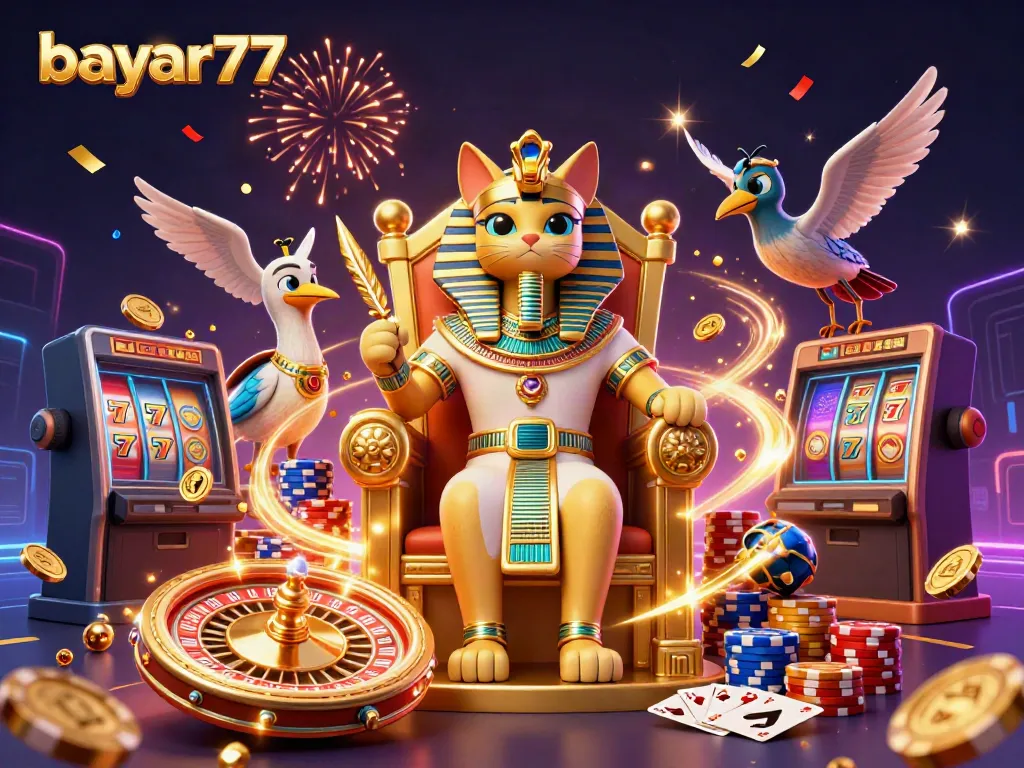 Experience epic wins with bayar77, as Egyptian pharaoh cat and ibis scribe celebrate in a dazzling casino scene.