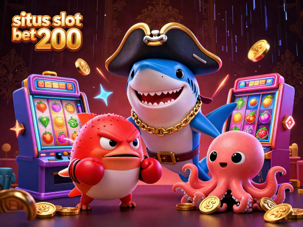 The dynamic scene captures the excitement of situs slot bet 200 with characters surrounded by colorful slot machines and gold coins.