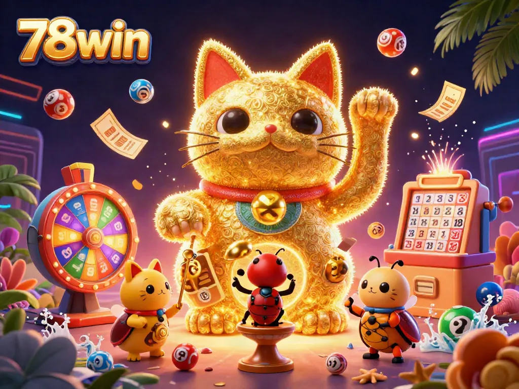 Experience the excitement of 78win with a vibrant 3D illustration of casino elements and a lucky cat.