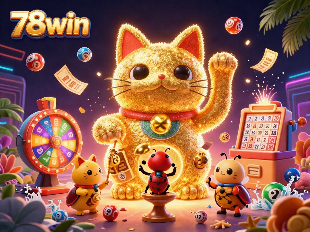 Experience the excitement of 78win with a vibrant 3D illustration of casino elements and a lucky cat.