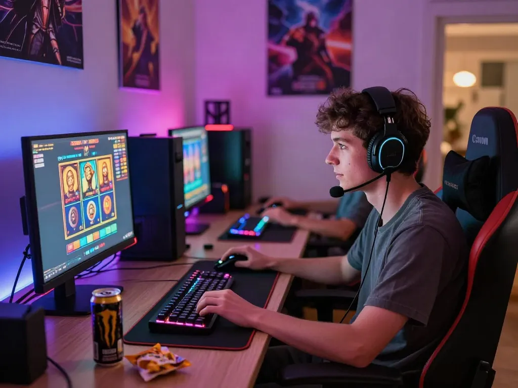 Engaged gamer playing akunjp online slot games in a vibrant gaming setup.