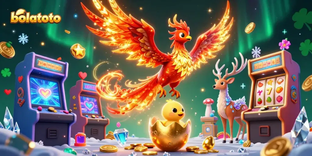 Experience jackpots at bolatoto with a phoenix and gaming elements in a dynamic casino scene.