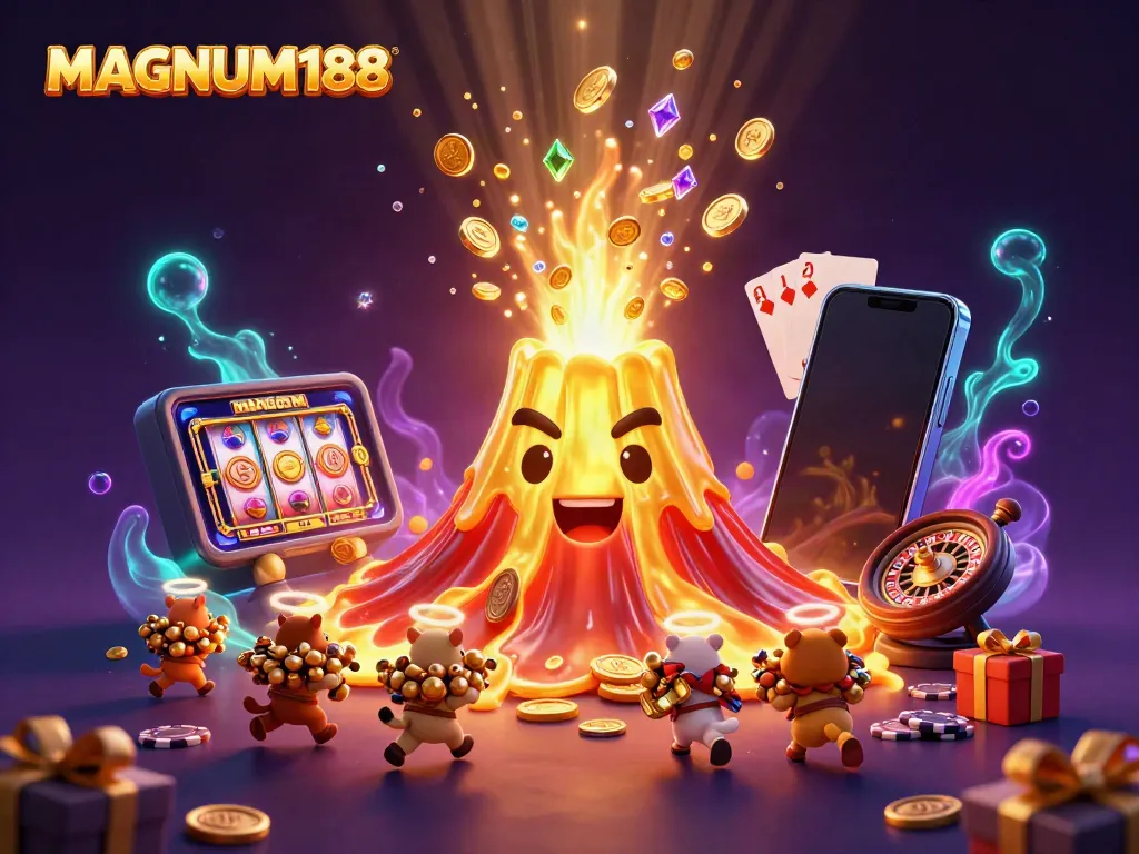 Experience the excitement of MAGNUM188 as a golden volcano showers coins and treasures in a vibrant casino scene.