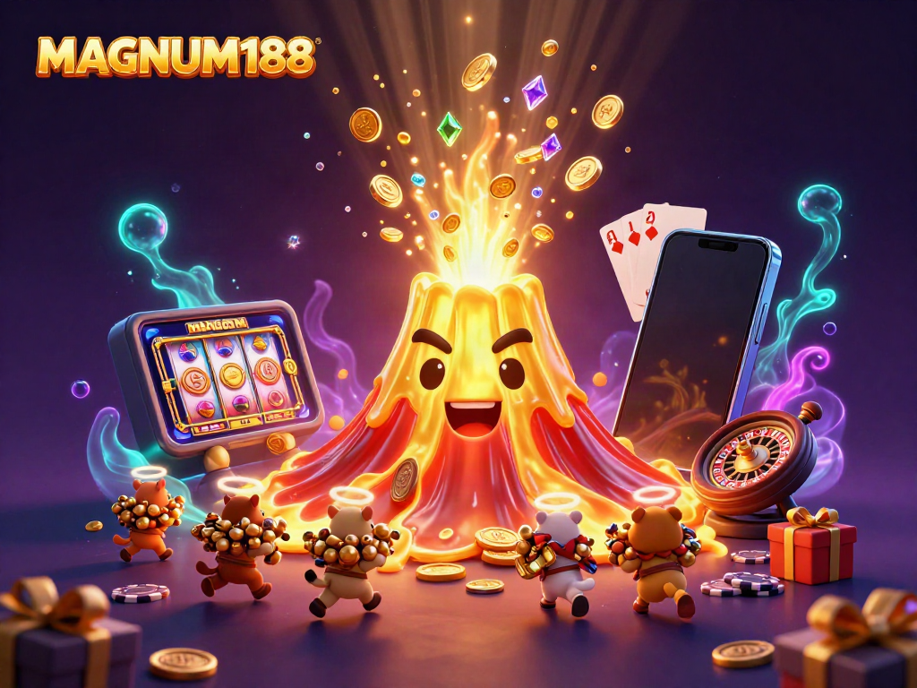 Experience the excitement of MAGNUM188 as a golden volcano showers coins and treasures in a vibrant casino scene.