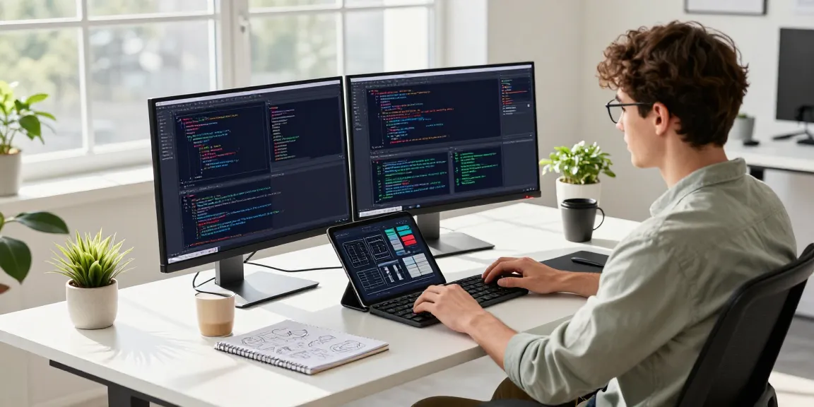 Dynamic coding scene with a developer using qq macan software in a modern workspace.