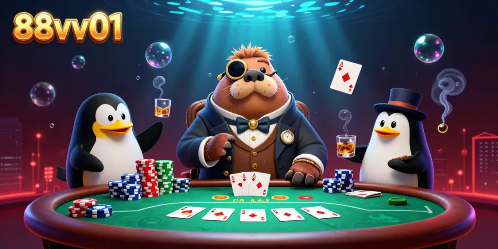 Experience vibrant underwater poker gameplay with 88vv01 featuring a walrus, penguin dealer, and pufferfish.