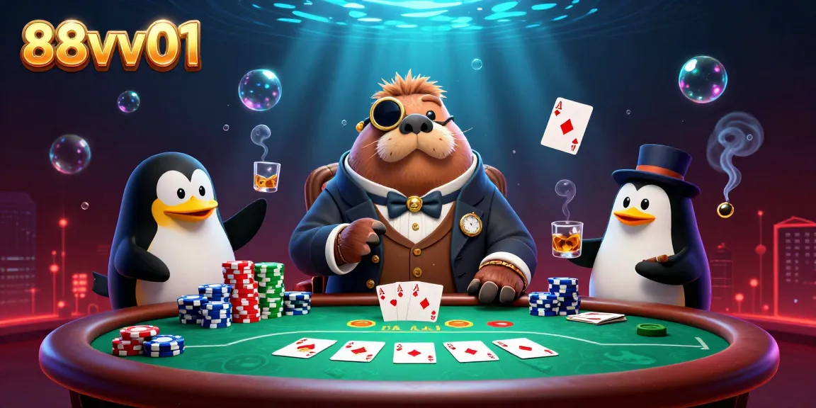 Experience vibrant underwater poker gameplay with 88vv01 featuring a walrus, penguin dealer, and pufferfish.
