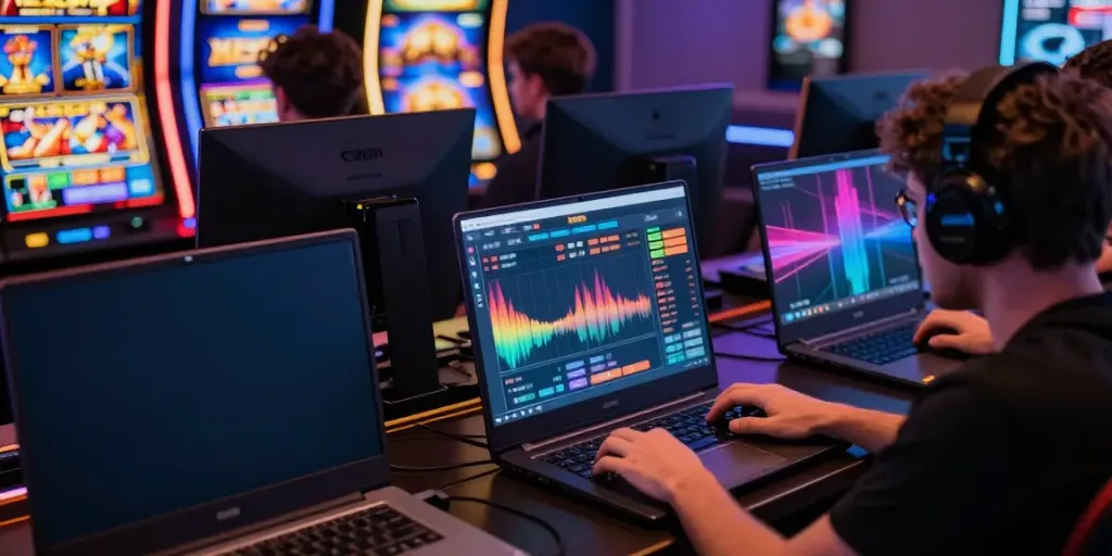 Gamers enjoying bro138 online slot games on various devices in a vibrant digital environment.