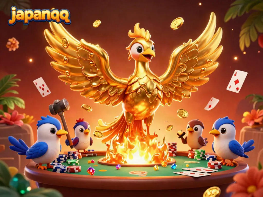 JepangQQ menghadirkan phoenix emas yang mengeluarkan koin dalam suasana permainan poker menggugah semangat.