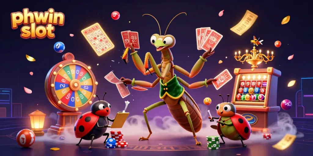 Engage with phwin slot action featuring a vibrant casino scene with colorful lottery balls and lively characters