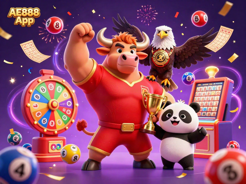 Celebrate winning moments at AE888 App with animated characters and casino elements in vibrant colors.