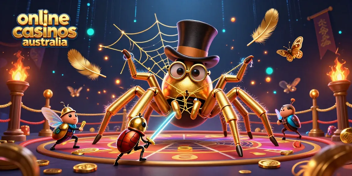 Exciting 3D scene depicting online casinos Australia, featuring a golden tarantula and beetle knight amid swirling golden elements.
