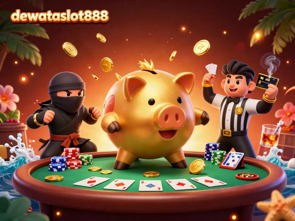 Permainan capsa susun di dewataslot888 dengan karakter celengan dan ninja dalam ilustrasi 3D yang memukau.