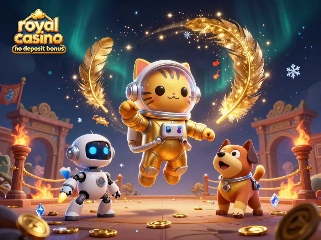 Engage with the royal ace casino no deposit bonus in a dynamic 3D scene featuring a space cat and robot dog.