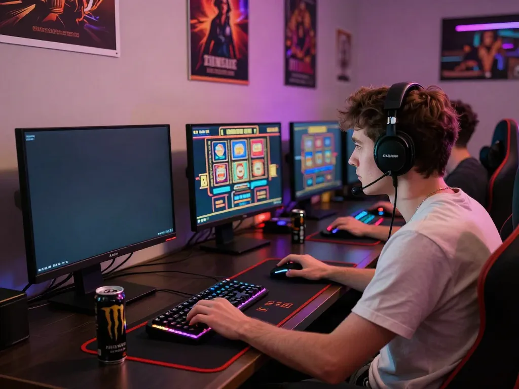 Akujnp gaming scene with a player focused on vibrant online slot games.