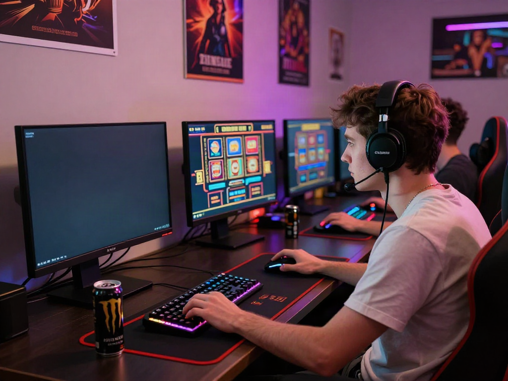 Akujnp gaming scene with a player focused on vibrant online slot games.