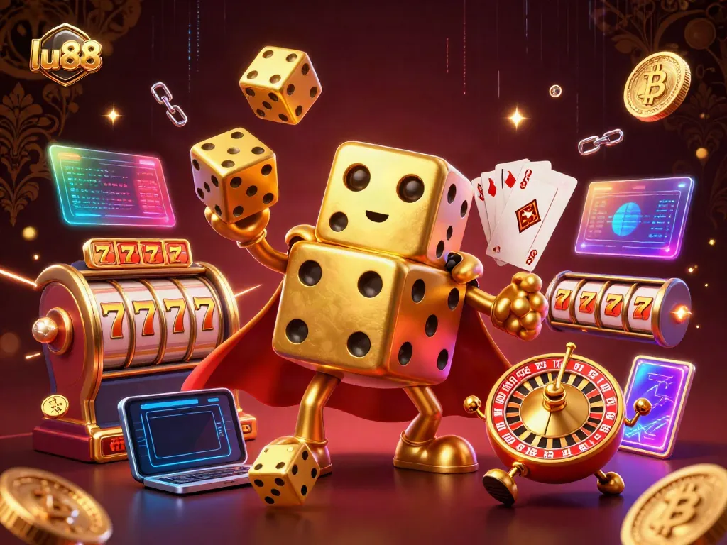 Spin to win at lu88 with an exciting 3D casino scene featuring golden dice characters and vibrant game elements.
