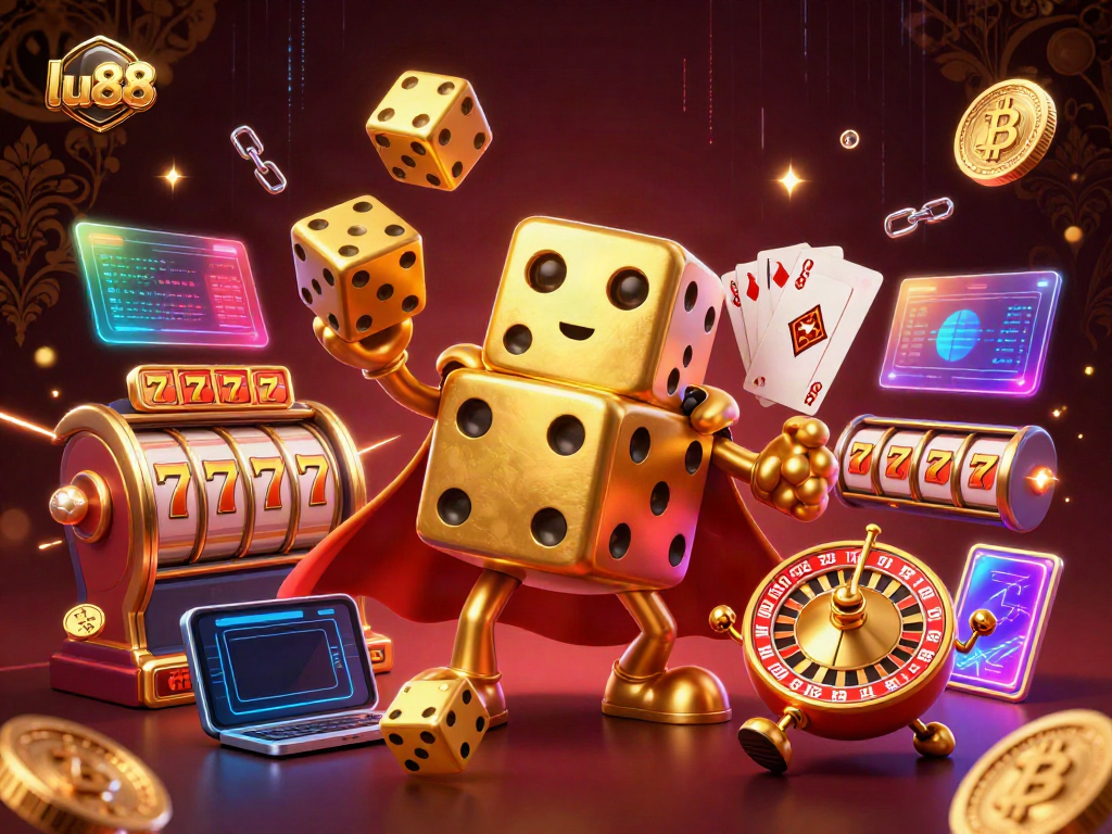 Spin to win at lu88 with an exciting 3D casino scene featuring golden dice characters and vibrant game elements.