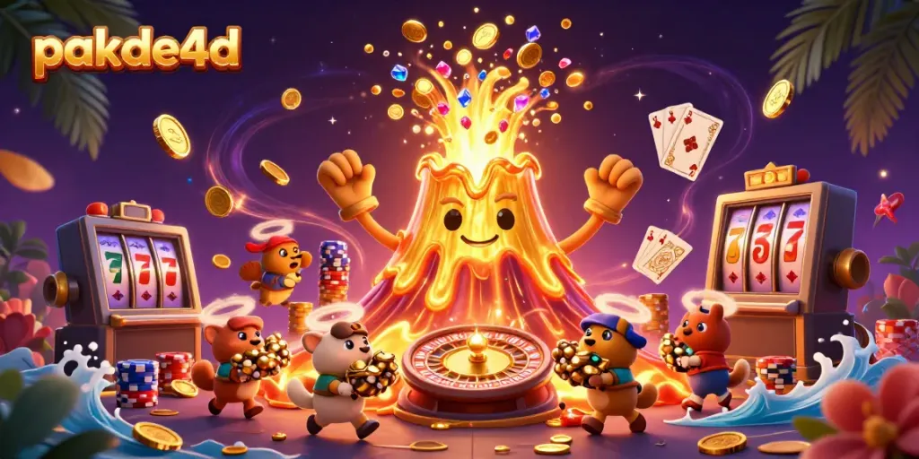 Experience the thrill of pakde4d with a shining golden volcano erupting treasures in this vibrant casino scene.